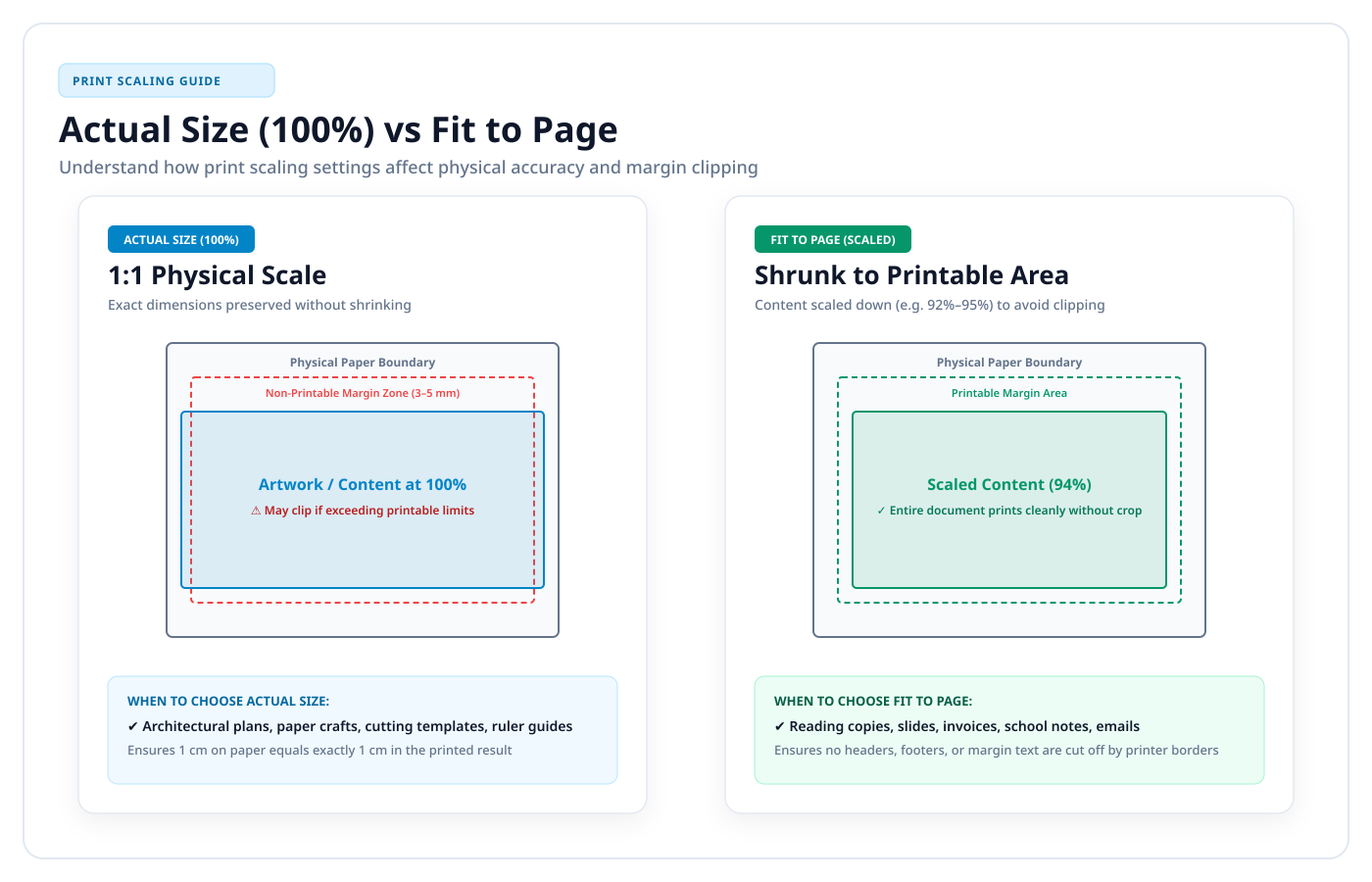 Diagram comparing actual size printing with fit-to-page scaling