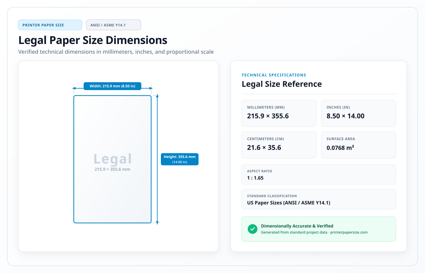 Legal paper size dimensions 8.5 × 14 inches and 215.9 × 355.6 mm
