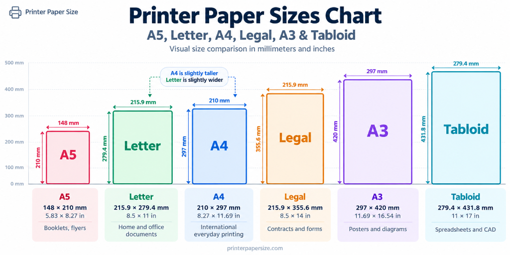 Tableau des formats de papier d'imprimante comparant les dimensions de A5, Letter, A4, Legal, A3 et Tabloid